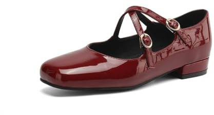 per Donna Scarpe Mary Jane Doppia Fibbia Punta Quadrata Ballerine Vernice Tacchi Bassi Block Slip on Casual Vestito Scarpe da Ufficio per Feste,Rosso,42 EU