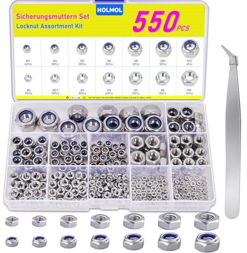550 Stück Selbstsichernde Muttern Set, HOLMOL DIN985+DIN934 Sechskantmutter | DIN985+DIN934 Edelstahl Muttern Set mit 9 Größen , A2 V2A Edelstahlmutter mit Regelgewind M2 M2.5 M3 M4 M5 M6 M8 M10 M12