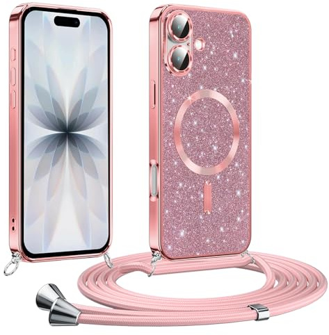 Phoona Handyband Hülle für iPhone 17 mit Band, Glitzer Handyhülle Kompatibel mit MagSafe, Ganzkörperschutz Kratzfeste Stossfest Schutzhülle mit Einstellbar Kette, Rosa
