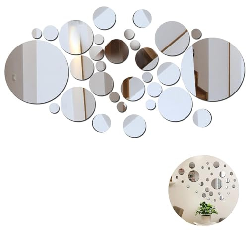 LifgWas 32 Piezas Espejos Redondos Autoadhesivos para Pared, Discos de Espejo Acrílico para Decoración del Hogar, Creación de Murales y Diseño de Interiores en Salón, Dormitorio o Pasillo