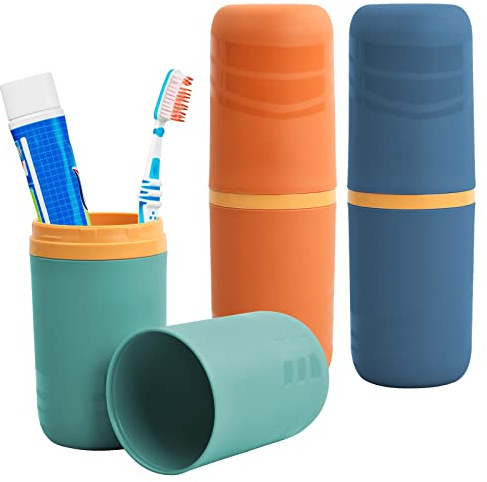 3-teiliges Zahnbürstenetui Set, Tragbare Kunststoffhalter für Zahnbürsten und Zahnpasta, für Reisen, Camping und Schule, Grün, Blau, Orange