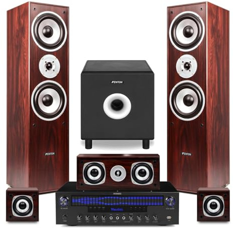 Fenton 5.1 Surround Sound Home Theatre System, 1150W HiFi Walnut Speakers, 200W Active Subwoofer, Bluetooth Amp, Mic Inputs, Karaoke, Cables, for TV, Stereo, Home Audio