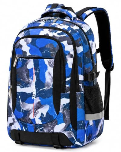 Tanou Schulrucksack Jungen Rucksack Teenager 10–18 Jahre | Camouflage-Schultasche für Jungen mit Großer Kapazität, Modischer Ranzen Tagesrucksack für Schule und Reisen, Blau Weiß
