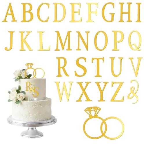 Wedding Cake Topper, Diamond Ring Cake Topper with 26 Letter Personalize Bride and Groom Initial Sign Wedding Cakes Decorations for Engagement Bridal Shower Decor