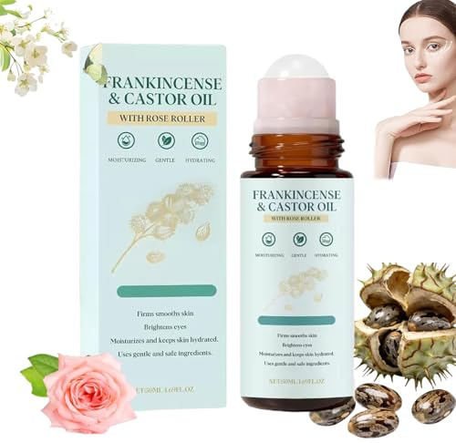 Rosenroller mit Weihrauch und Rizinusöl, Bio-Rizinusöl (kaltgepresst), beruhigendes Feuchtigkeitsöl, strafft und glättet die Haut, nährt und hellt den Teint auf, für Gesicht, Hals (1PCS)