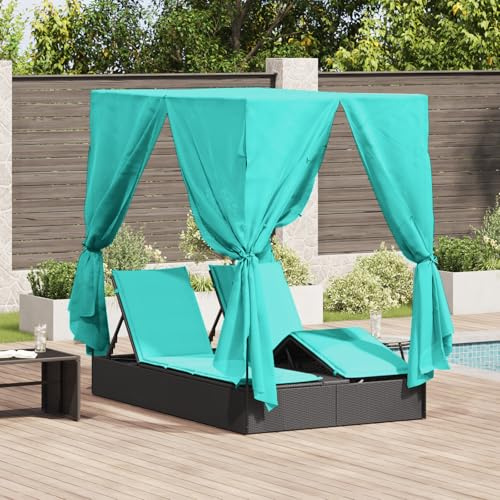 IBUQDDV Doppelte Sonnenliege Set aus 2 Schwarz und Türkis mit Überdachung und verstellbaren Rückenlehnen für Garten Balkon Terrasse Outdoor Lounge Bett Poly Rattan UV-beständig