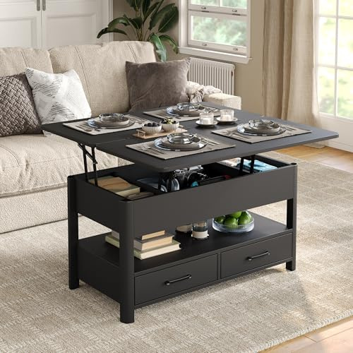 Furnihold Lift Top Coffee Table with Drawers and Hidden Compartment, Coffee Table Converts to Dining Table for Living Room, Black