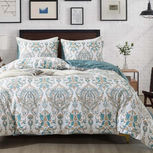 Covebett Bettwäsche Baumwolle 135x200 Boho Blau Weiß Blumen Vintage Paisley Muster Renforce Bettbezug 2 Teilig Bohemian Mandala Pflanzenmuster Deckenbezug und Kissenbezug 40x80 cm Reißverschluss