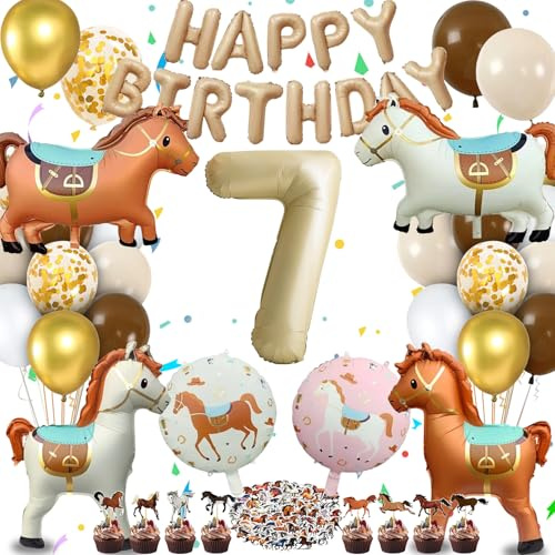 Pferd Luftballons Deko Geburtstag, Pferde Geburtstagdeko, Pferde Deko | Pferd Folienballon, Cake Topper, Banner, Ballons, Sticker, Zahl Ballon 7 für Thema Party Dekoration, Pferdegeburtstag