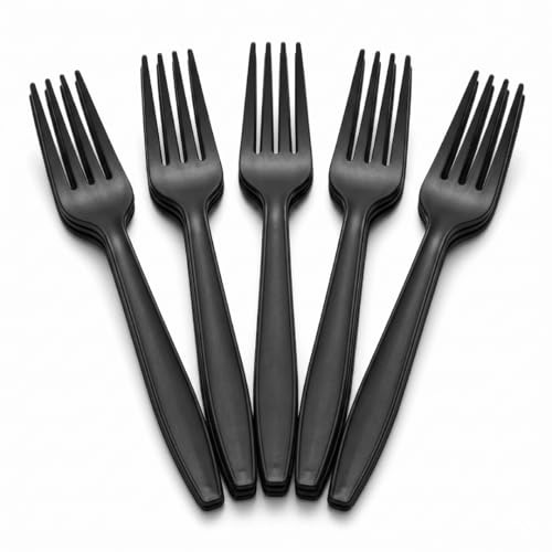 Venuscello® 100 x Tithe Black Plastic Forks Heavy Duty Reusable Strong Grip Lightweight Cutlery for Party BBQ Salad Fruits Snacks Picnic Catering Weddings & Events