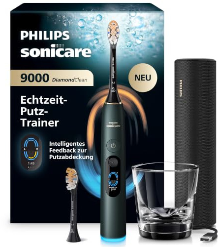 Philips Sonicare Next-Generation DiamondClean 9000 elektrische Zahnbürste - intelligentes Feedback zur Putzabdeckung, intelligente Andruckkontrolle und 21 Einstellungen, Mitternachtsgrün, HX9214/84