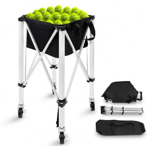 Contenedor de pelotas de tenis plegable – Capacidad para 150 pelotas de tenis | Cesta ligera de aleación de aluminio con ruedas | Bolsa extraíble | Bolsa de transporte | Carrito de entrenamiento