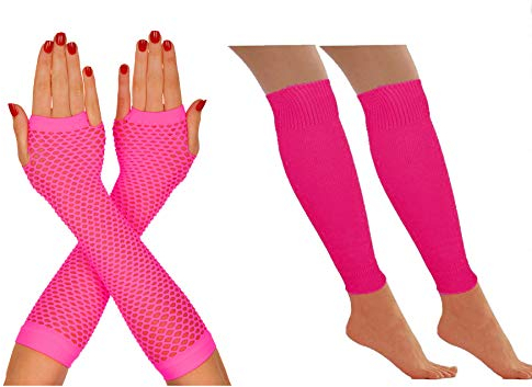 Neon Leg Warmers And Fishnet Gloves Set 1980s Fancy Dress Accessory Fun Run Party Event (Pink)