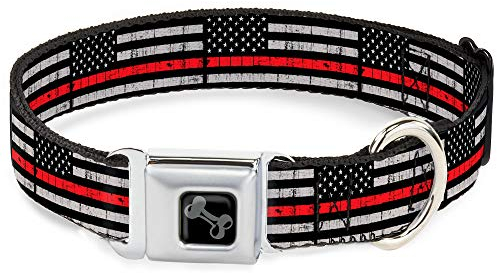 Buckle-Down Hundehalsband, Sicherheitsgurt-Schnalle, dünn, rote Linie, Flagge, verwittert, Schwarz, Grau, Rot, 28,9 bis 43,2 cm, 2,5 cm breit