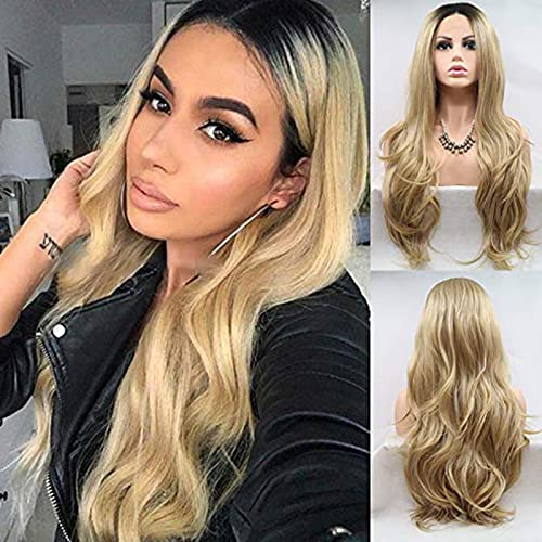 Karissa Haar Long Wave150% High Density # 8 Farbe Darker Roots Ombre Mix Braun & Blonde Farbe Wasserwelle Hitzebeständiges Haar Blogger Daily Makeup Glueless Synthetic Lace Front Hochzeitsfeier