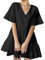 FANCYINN Mini robe droite ample avec poches, manches évasées, ourlet à volants et col en V - Jolie tunique fluide pour femme, noir, Taille S