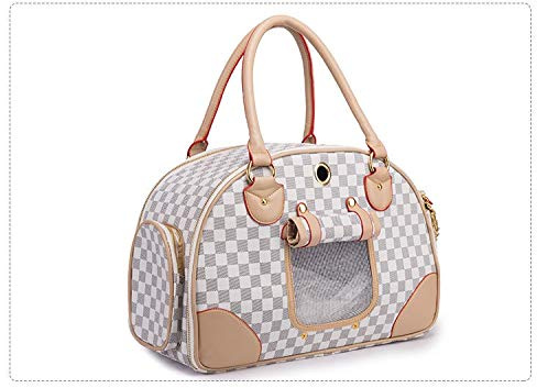 Hundewelpen Chihuahua Geschenk Pudel Tasche Set Faltbare Kätzchen Flugzeug Handtasche Kann für kleine Haustier-Reisetaschen verwendet werden (L, Braun-Weiß-Quadrat)
