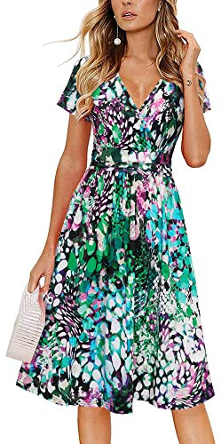 Newshows Women's Dresses Summer Short Sleeve V-Neck Faux Wrap Casual Midi Sundress with Pockets(Floral 16,M)