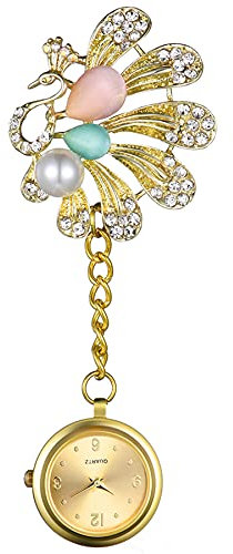 Avaner Krankenschwesteruhr Pfau Pflegeruhr Analog Quarzwerk FOB pulsuhr Ansteckuhr emaille Handwerkskunst golden schwesternuhren mit Pin/Clip Set Arzt Doktor Medical Taschenuhr