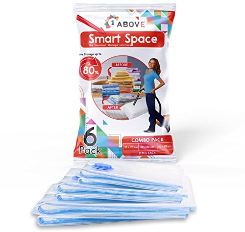 Accurate Pack of 6 Vacuum Compressed Storage Bags, Mould Moisture and Bug Proof, Double Zip High Sealing Triple Air Leak Patent Valve for Maximum Compression (VARIETY PACK (2M,2L,2J))