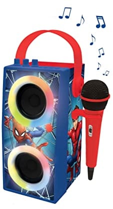 Lexibook, Spiderman, Enceinte Portable Bluetooth Lumineuse avec Micro, karaoké, Effets Lumineux, sans-Fil, USB, Carte SD, Batterie Rechargeable, Rouge/Bleu, BTP180SPZ