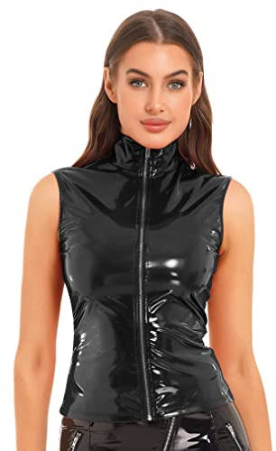 Agoky Damen Wetlook Top Lack Leder Shirt Rollkragen Kunstlederweste mit Reisverschluss Gogo Raver Party Outfits Clubwear Schwarz XXL