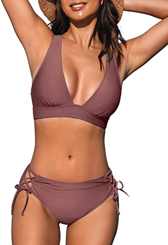 CUPSHE Bikini Damen Set V Ausschnitt Schnürung Low Waist | V-Ausschnitt, Schnürdesign, Gekreuzter Rücken, Niedriger Bund, Zweiteiliges Design, Für Strand und Pool