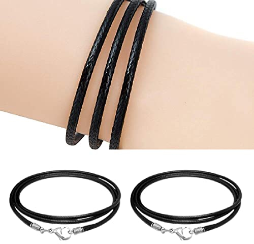 2 Pcs Collier Homme en Cuir Tressé, Cordon Pour Pendentif, Simili Noir Waterproof avec Fermoir Acier Inoxydable