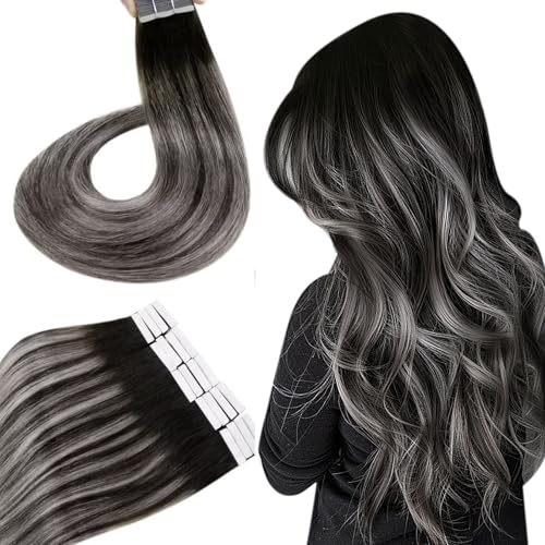 Tape Extensions Echthaar Schwarz Silber Extensions Tapes Echthaar Unsichtbar Tape Extensions Glatt Haarverlängerung Tape Echthaar Balayage Schwarz Silber #1B/Silver/1B 35cm 50g