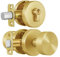 naubea Gold Door Knob with Deadbolt Lock, Satin Brass Front Door Handle with Deadbolt Lock Set, Round Deadbolt and Exterior Door Knob with Key