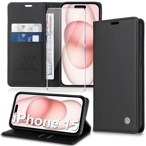 Migexxkj Handyhülle für iPhone 15 Hülle [mit Schutzfolie][Premium PU Leder] Klapphülle Kartenfach Magnetic Ständer Flip Case Cover Etui Tasche Schutzhülle für iPhone 15 6.1“ (Black)