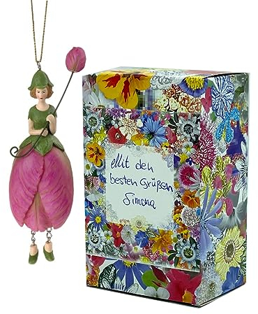 Fiebiger Floristik Blumen-Mädchen Papageientulpenmädchen Azalee zum Hängen Elfen-Dekofigur Flower Fairy Figur Blumenfigur Skulptur Blumenkinder in Geschenk-Box