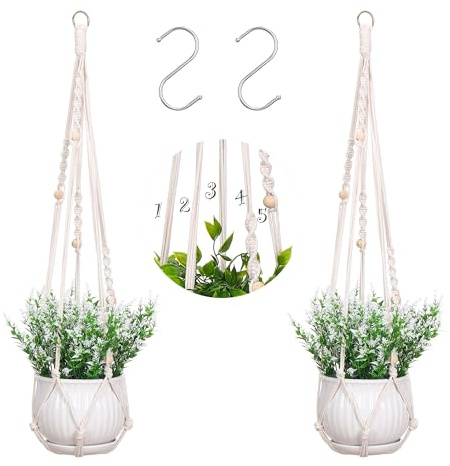 onepeng Makramee-Pflanzenhänger für den Innen- und Außenbereich, Hängepflanzkorb mit Holzperlen, dekorativer Blumentopfhalter, Keine Quasten für drinnen und draußen, Boho, Heimdekoration, 89,9 cm,