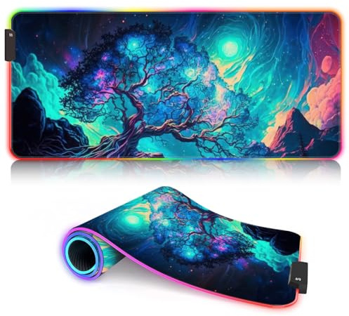 BUBELS Magic Landschafts RGB Gaming Tappetino per mouse con tastiera luminosa a LED con 14 modalità di luce e grande tappetino per mouse per gaming PC laptop 15,7 x 35,4 pollici
