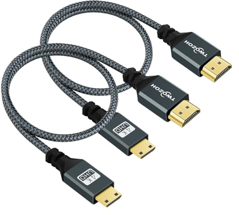 Twozoh Cable Mini HDMI a HDMI 0,3M 2 Unidades, Nailon Trenzado HDMI Tipo A a HDMI Tipo C Compatible con 3D/4K @60Hz 18Gbps/2160P/1080P para Nikon/Canon DSLR, Videocámara, laptop, Tableta y tarjeta