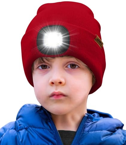 ATNKE Kids LED Beleuchtete Mütze mit Licht,Wiederaufladbare USB 4 LED Laufmütze Extrem Heller Lampe Winter Warme Stricken Mütze Großartig Geschenke für Jungen und Mädchen/Red