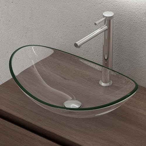 Sogood Lavabo à Poser Vasque en Verre Transparent Lave Mains Ovale de Salle de Bains Petit Lave-Mains pour WC 53,5x35,5x16 cm Minerva08