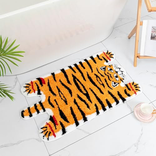 Seek4comfortable Badvorleger mit niedlichem Tiger, rutschfest, Tigerform, saugfähig, Cartoon-Tier, Badezimmer-Dekoration, Plüsch-Badewannenteppich für Dusche, 50 x 90 cm, Orange / Gelb