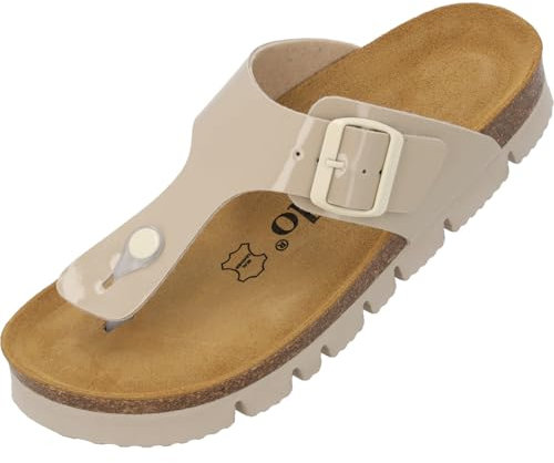 Palado Zehentrenner Damen Kos PL Lack – gefertigt in Spanien – Plateau-EVA-Sohle – glänzende Lackoptik – angenehmes Weichfußbett – Veloursleder-Decksohle Beige UK4,5 - EU37