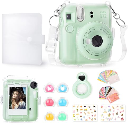 Rieibi Zubehör für Fujifilm Instax Mini 12, Geschenkpaket enthält transparente Instax Mini 12 Hülle mit Gurt, Mini-Fotoalbum, Selfie-Spiegel, DIY-Aufkleber, Farbfilter (ohne Kamera) – Grün
