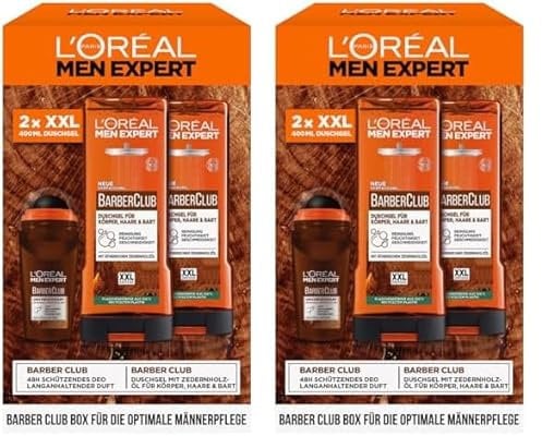 L'Oréal Men Expert Geschenk-Set für Männer mit XXL Duschgel und Deo Roll-On, Mit ätherischem Zedernholzöl, Herren Geschenkset, Barber Club Box, 2 x 400 ml, 1 x 50 ml (Packung mit 2)