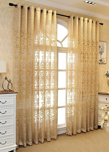 Beydodo Gardinen mit Ösen 2er Set, Vorhänge Gelb Lichtdurchlässig Jacquard mit Filigran Muster 132x274CM Gardinenschals Halbtransparent für Wohnzimmer Schlafzimmer Küche