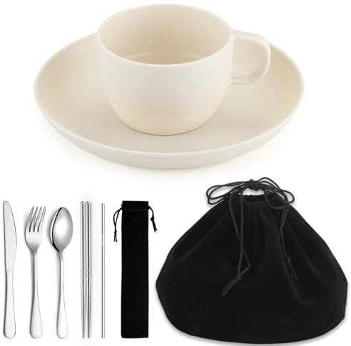 Camping Essentials set, HOMQUEN Assiettes et bols de Camping Set, tasse à café, ensemble de vaisselle de voyage avec cuillère, fourchette, couteau de travail, extérieur, pique - nique, camping(Blanc)