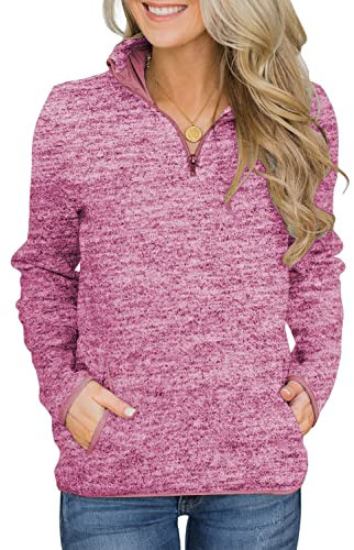 Magritta Women Sweatshirt Ladies Large Jumper Long Sleeve 1/4 Zip Up V Neck Pullover Tops Plus Size Winter Trendy Tunic Tops with Pockets Rose XX-Large