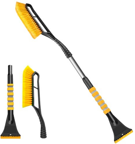Ice Scraper for Car Windscreen with Snow Brush, Car Ice Scraper Non Scratch, Winter Frost Defrosting, Windscreen Cleaning Telescopic Dual Head Car Window Squeegee Detachable Asseccories Set (Yellow)