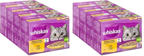 Whiskas Senior 11+ Katzennassfutter Geflügel Auswahl in Gelee, 48 Portionsbeutel, 12x85g (8er Pack) – Hochwertiges Katzenfutter nass, für Katzen ab dem 11. Lebensjahr
