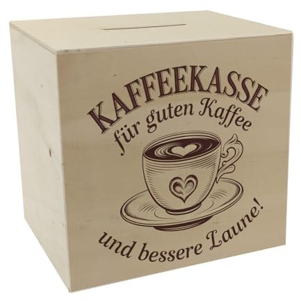 Kaffeekasse Spardose aus Holz mit Kaffeebecher - Kaffeekasse für Gute Laune Nostalgische Spardose aus Holz im Vintage-Design mit Herzmotiv Beigeton und Textur für Kaffeeliebhaber