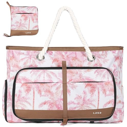 Lekespring Strandtasche Damen Groß mit Reißverschluss, Vielseitiger Damen Shopper Badetasche Saunatasche Reisetasche Tote Bag für Strand Reisen Einkaufen Sport u.Arbeit (Tropischer Druck)