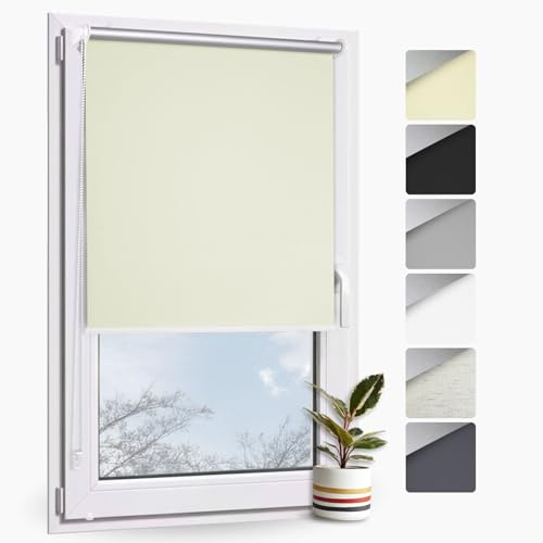 Rollmayer Verdunklungsrollo ohne Bohren Klemmfix Thermo Creme 65x130cm | Seitenzug Rollo für Fenster und Türen Blickdicht lichtundurchlässig Energiesparrollo einfache Montage