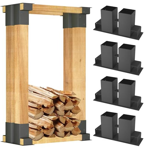 QEENTOE 4 Stück Holzstapelhilfe stabile Holz Stapelhilfe Stapelhilfe Holzstapelhalter Brennholz Kaminholz Gestell Holz Für Innen und Außen Schwarz